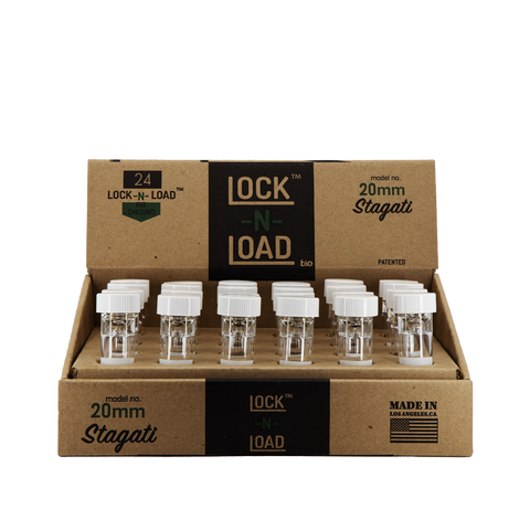 The Lock-N-Load Stagati is the larger 20mm iteration of the Lock-N-Load one-hitter 9mm chillum, made with pharmaceutical-grade glass. With convenience and portability in mind, the Stagati allows for flower to be packed and safely stored with a easy to secure white twist cap. The Stagati's increased bowl size gives users a longer session whenever, wherever.