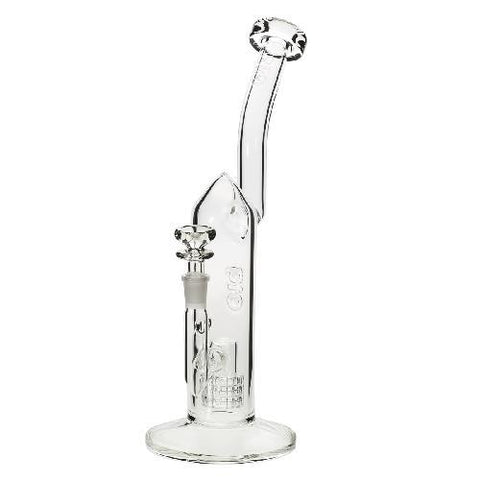 buy wholesale Smoke Shop and Coffee shop supplies in Europe 12" Inline 90 Degree Grid Bubbler 14mm - Clear With Bio Stamp and Silver Decal